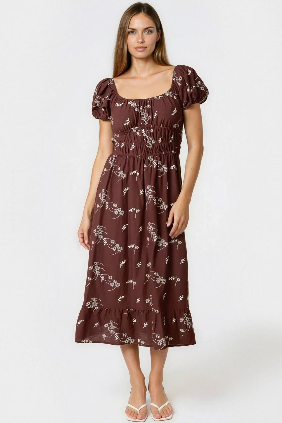 Aftershock London Aftershock London Women's Embroidered Milkmaid Midi Dress in Brown