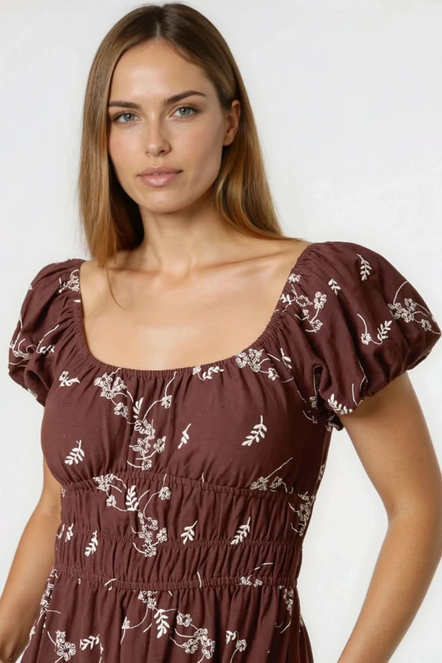 Aftershock London Aftershock London Women's Embroidered Milkmaid Midi Dress in Brown - 2