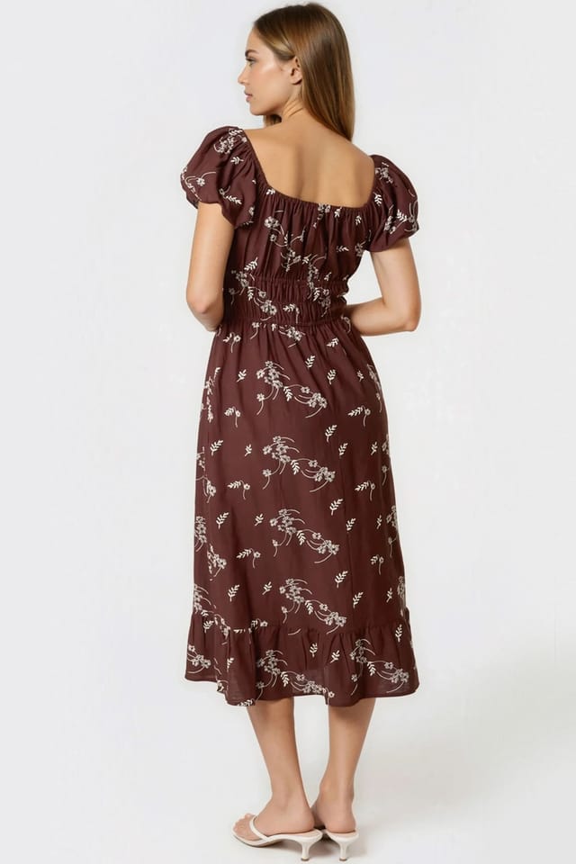 Aftershock London Aftershock London Women's Embroidered Milkmaid Midi Dress in Brown - 3
