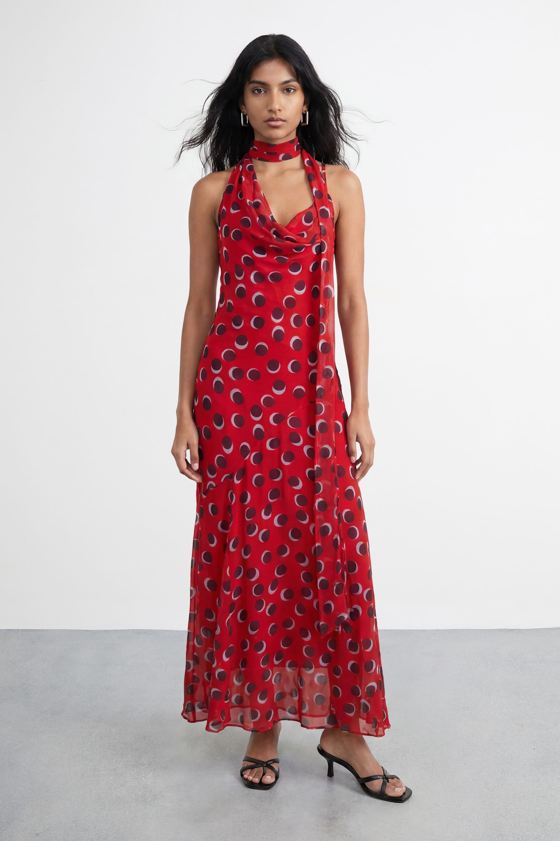 Warehouse Warehouse Women's Petite Premium Polka Dot Tie Neck Cowl Dress in Red