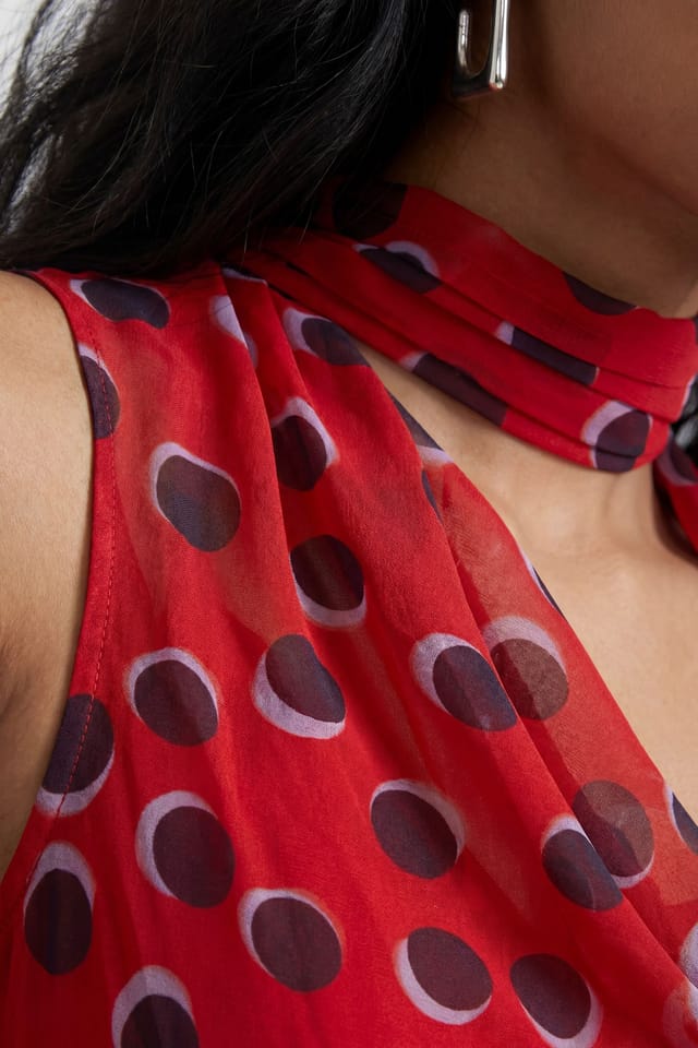 Warehouse Warehouse Women's Petite Premium Polka Dot Tie Neck Cowl Dress in Red - 3