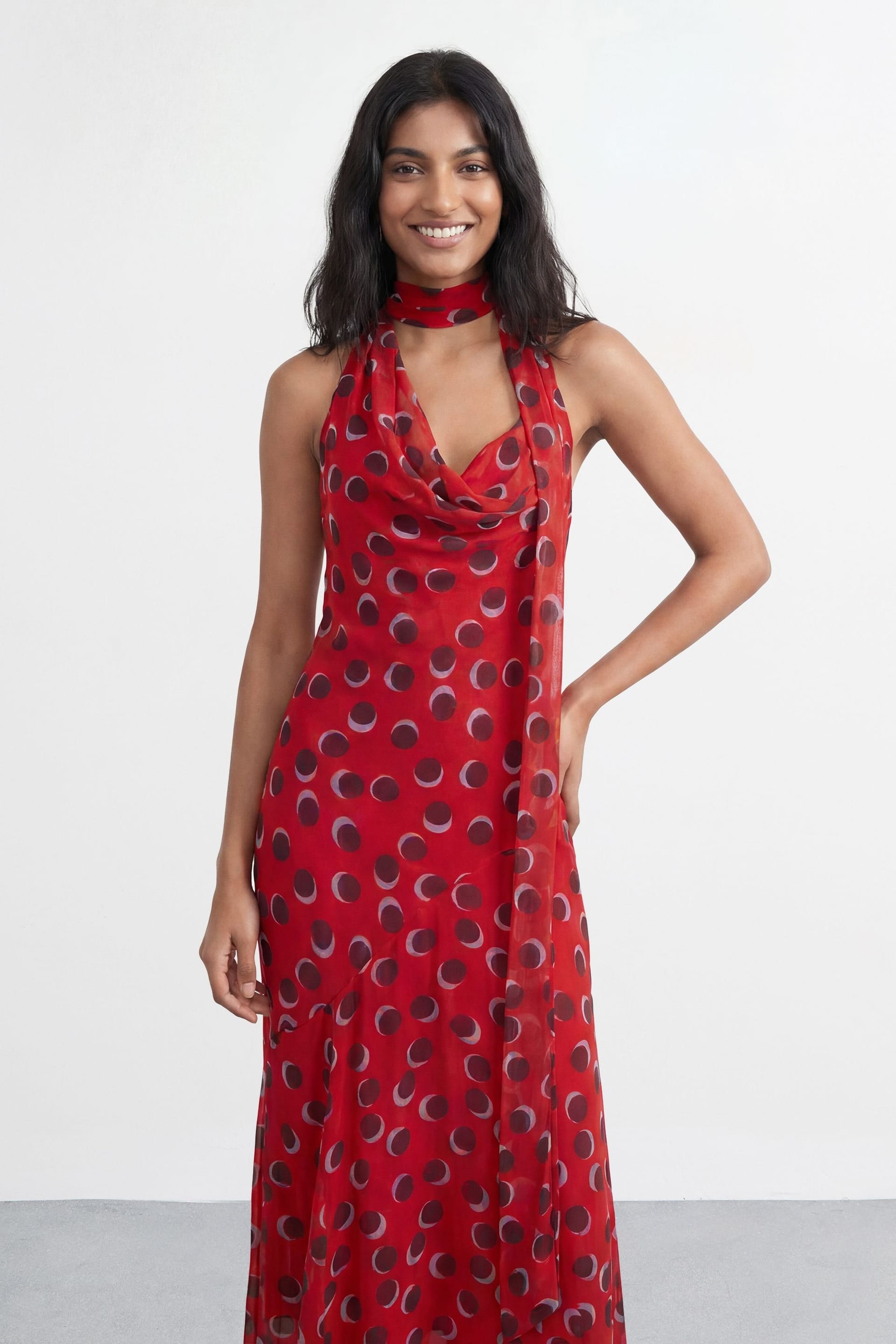 Warehouse Warehouse Women's Petite Premium Polka Dot Tie Neck Cowl Dress in Red - 4