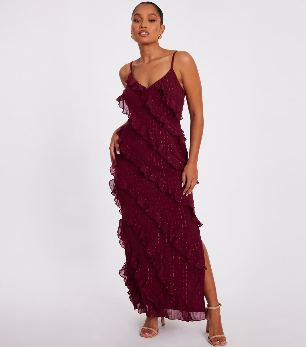 Quiz Women's Petite Dark Red Metallic Pattern Frilly Trimmed Maxi Dress Quiz New Look