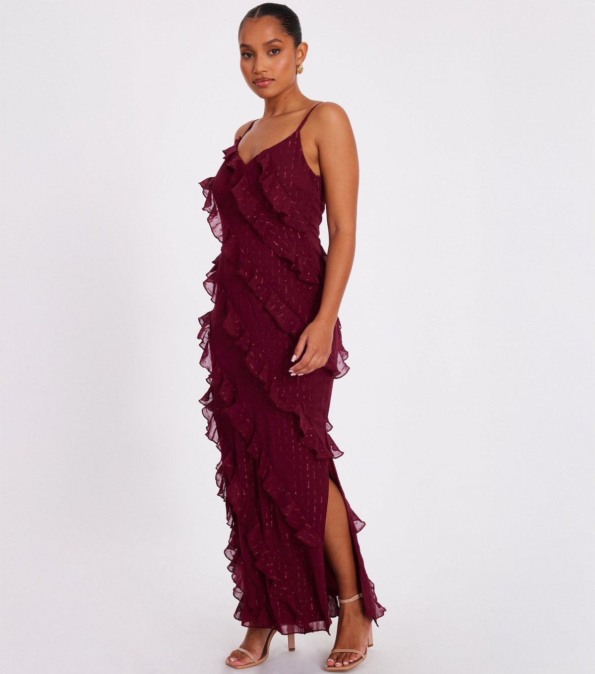 Quiz Women's Petite Dark Red Metallic Pattern Frilly Trimmed Maxi Dress Quiz New Look - 2