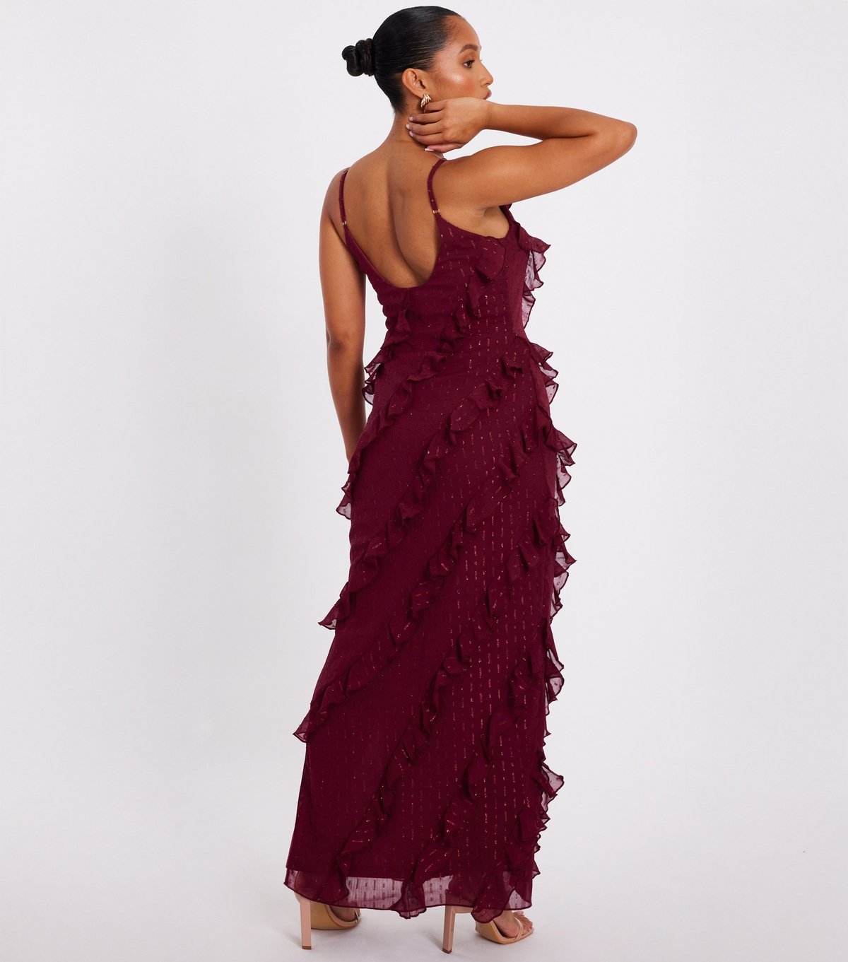 Quiz Women's Petite Dark Red Metallic Pattern Frilly Trimmed Maxi Dress Quiz New Look - 3