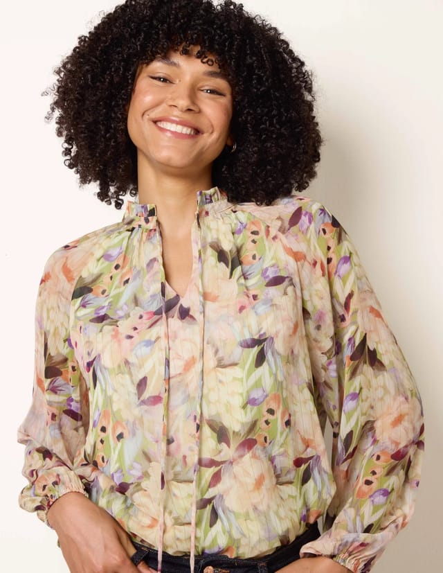 Blue Vanilla Watercolour Floral Printed Tie Front Blouse - 3