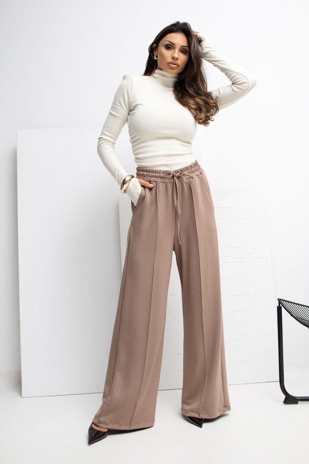Love Lace Love Lace Women's Soft Palazzo Sweatpants with High Waist Tie in Beige