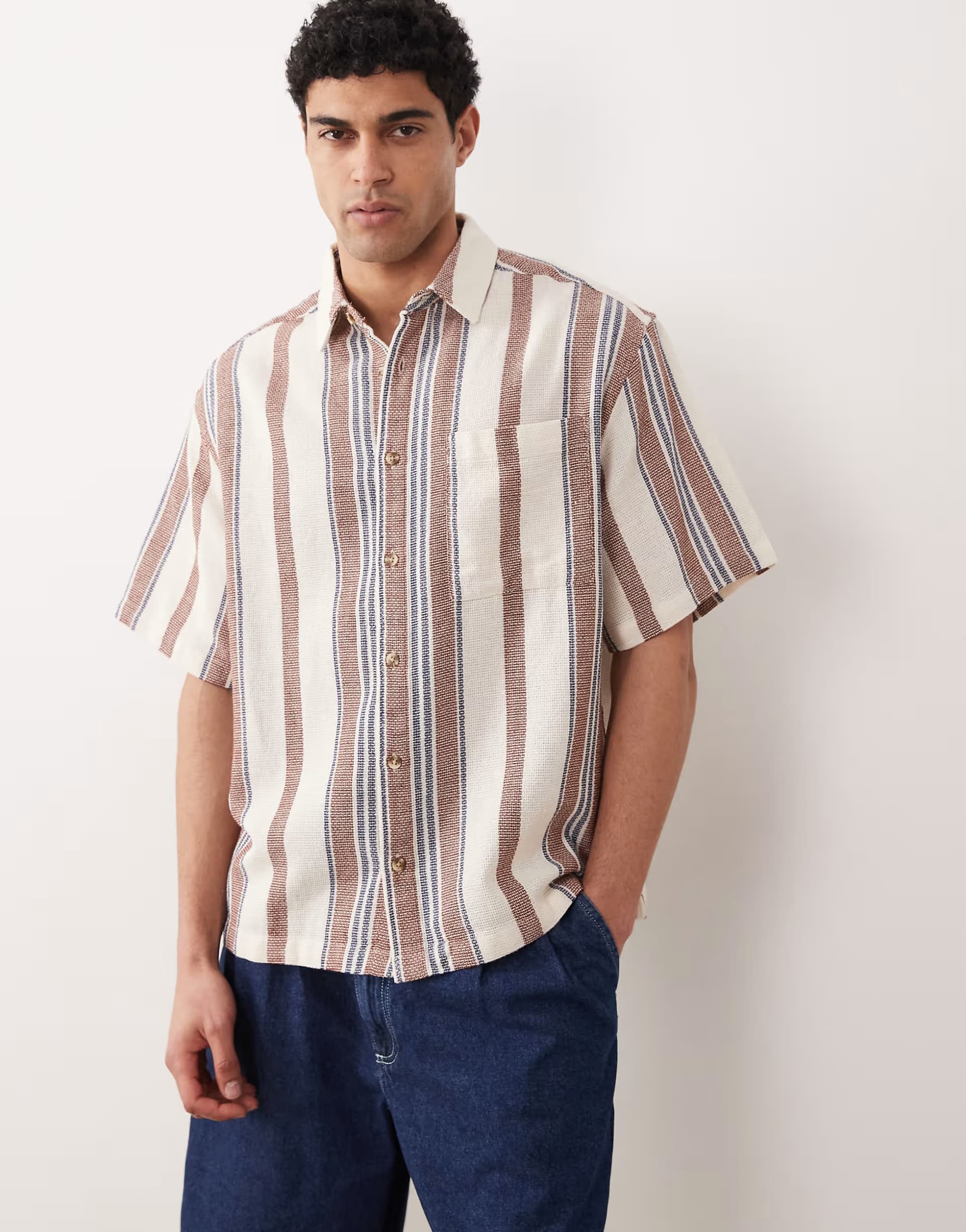 ASOS ASOS DESIGN oversized textured stripe shirt in cream