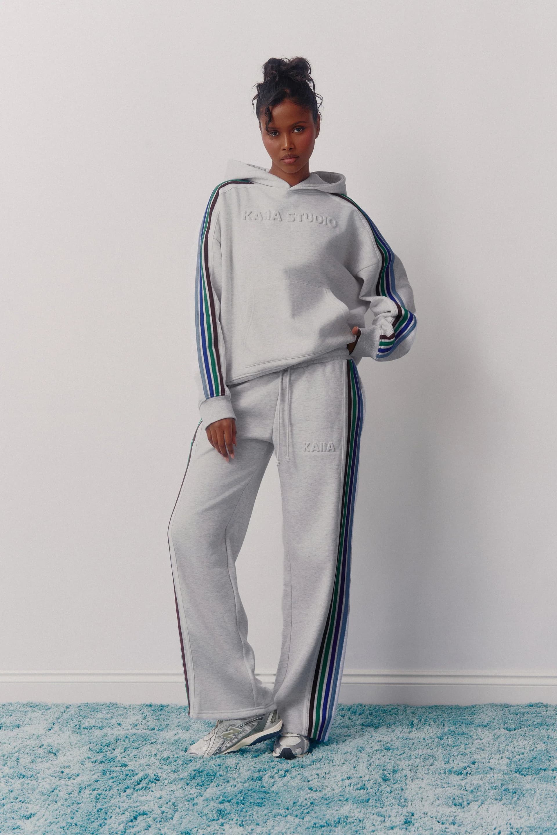 Kaiia Kaiia Logo Sport Stripe Wide Leg Joggers Light Grey Marl & Multi Stripe