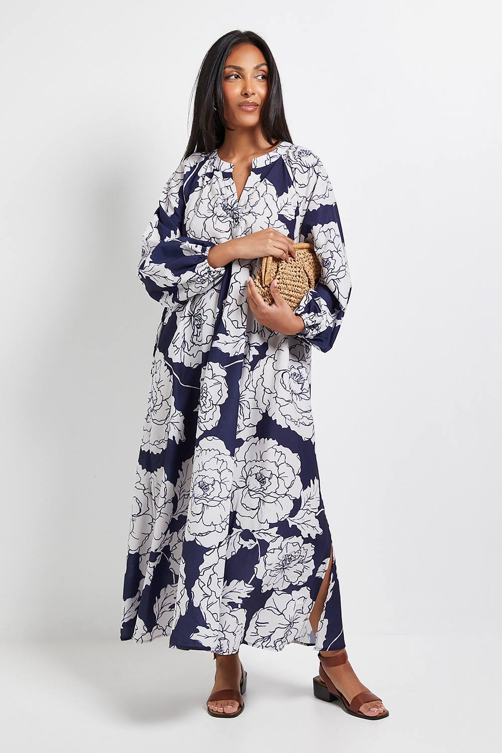 Wallis Wallis Women's Petite Floral Collarless Midaxi Dress in Navy - 2