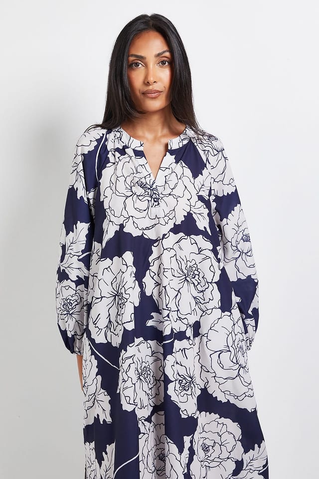 Wallis Wallis Women's Petite Floral Collarless Midaxi Dress in Navy - 2