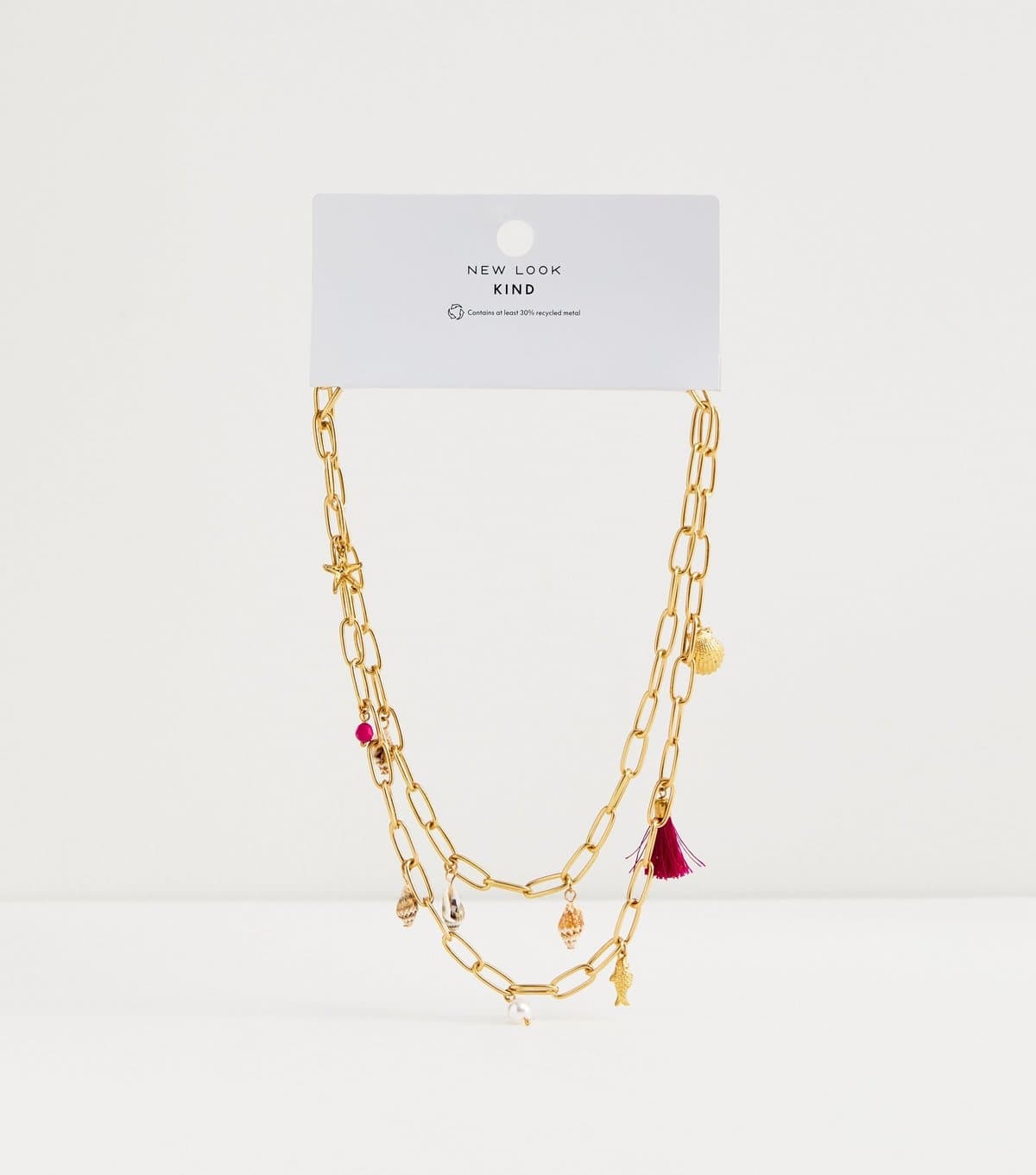 New Look 2 Layer Gold Tone Chain Shell Charm Necklace New Look
