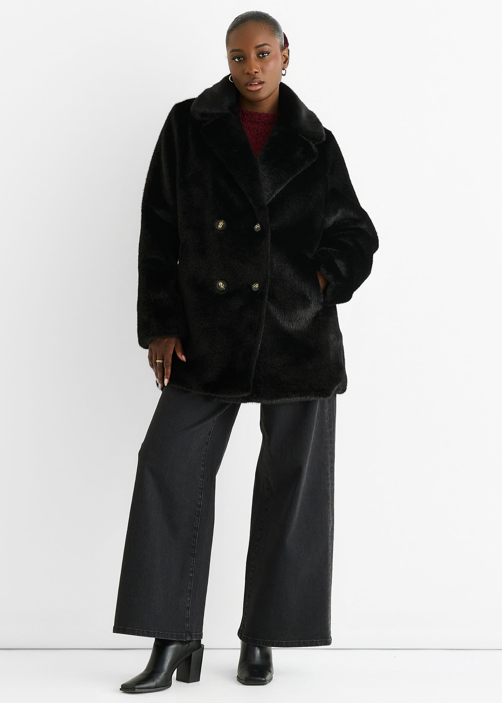 Gini London Gini London Women's Black Faux Fur Double Breasted Longline Jacket