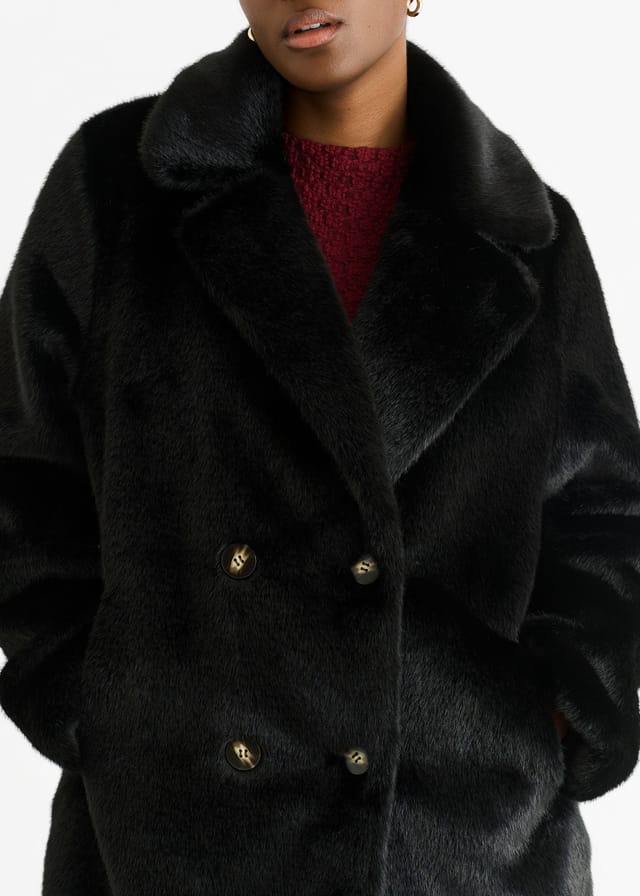 Gini London Gini London Women's Black Faux Fur Double Breasted Longline Jacket - 2