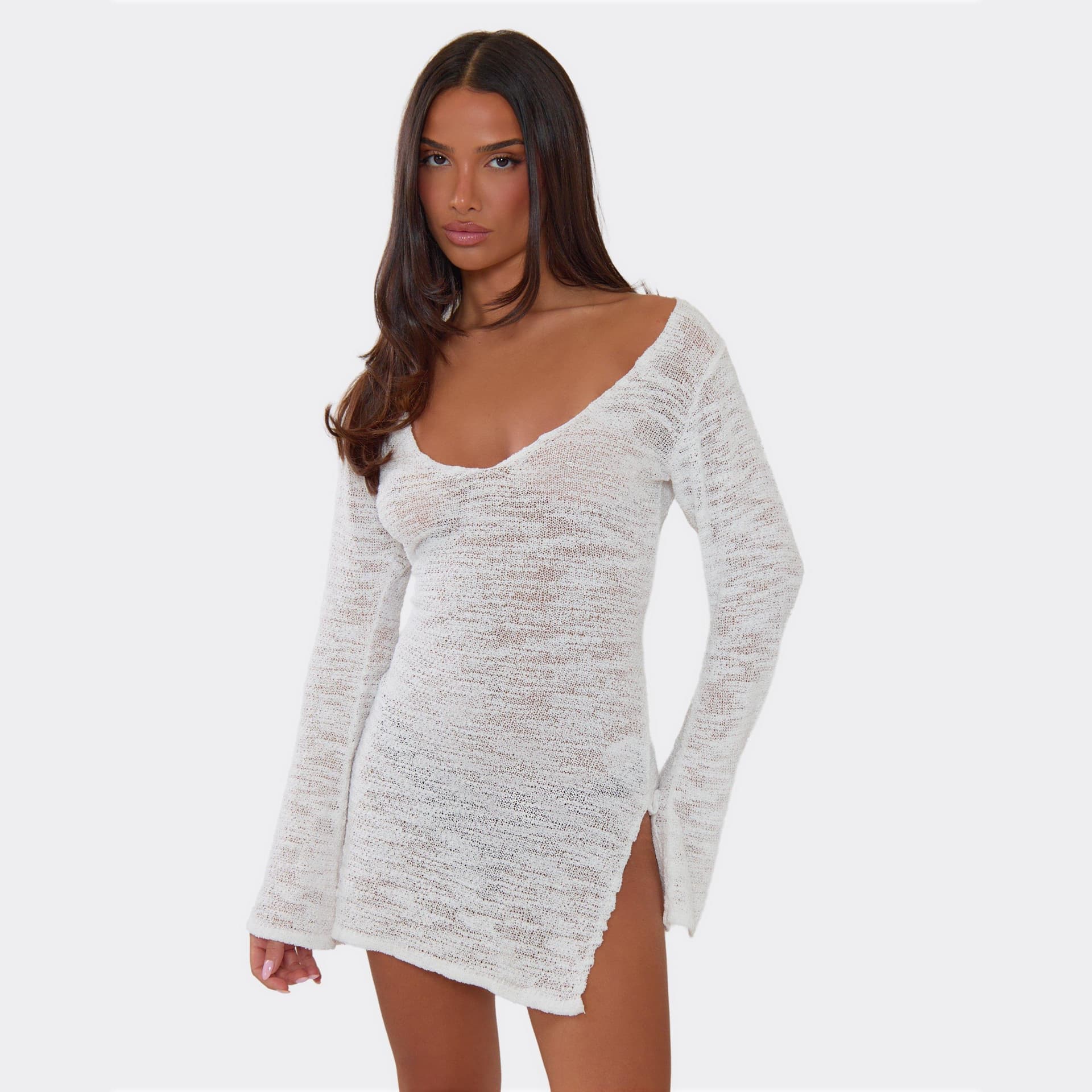 EGO Long Sleeve V Neck Split Hem Mini Dress In White Knit., Women's Size UK L