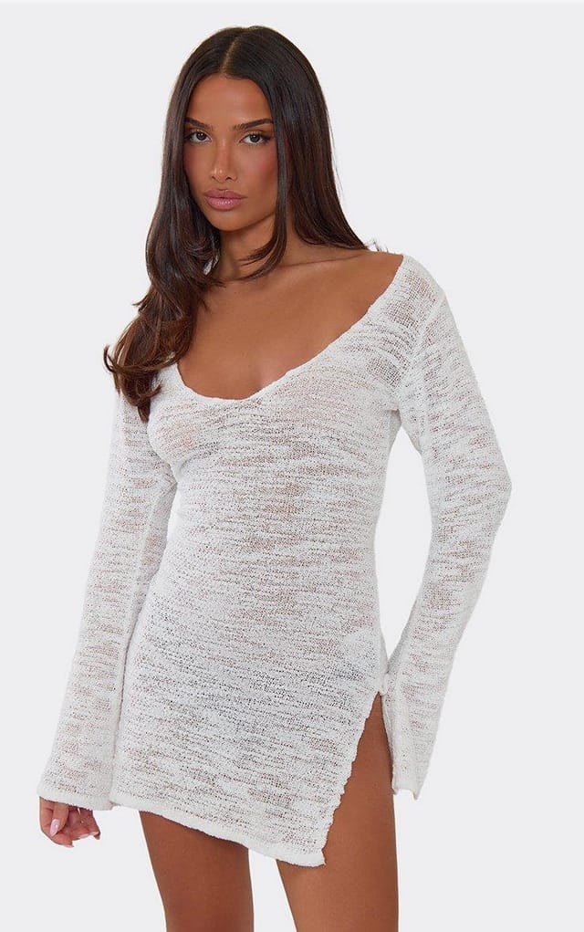 EGO Long Sleeve V Neck Split Hem Mini Dress In White Knit., Women's Size UK L - 2