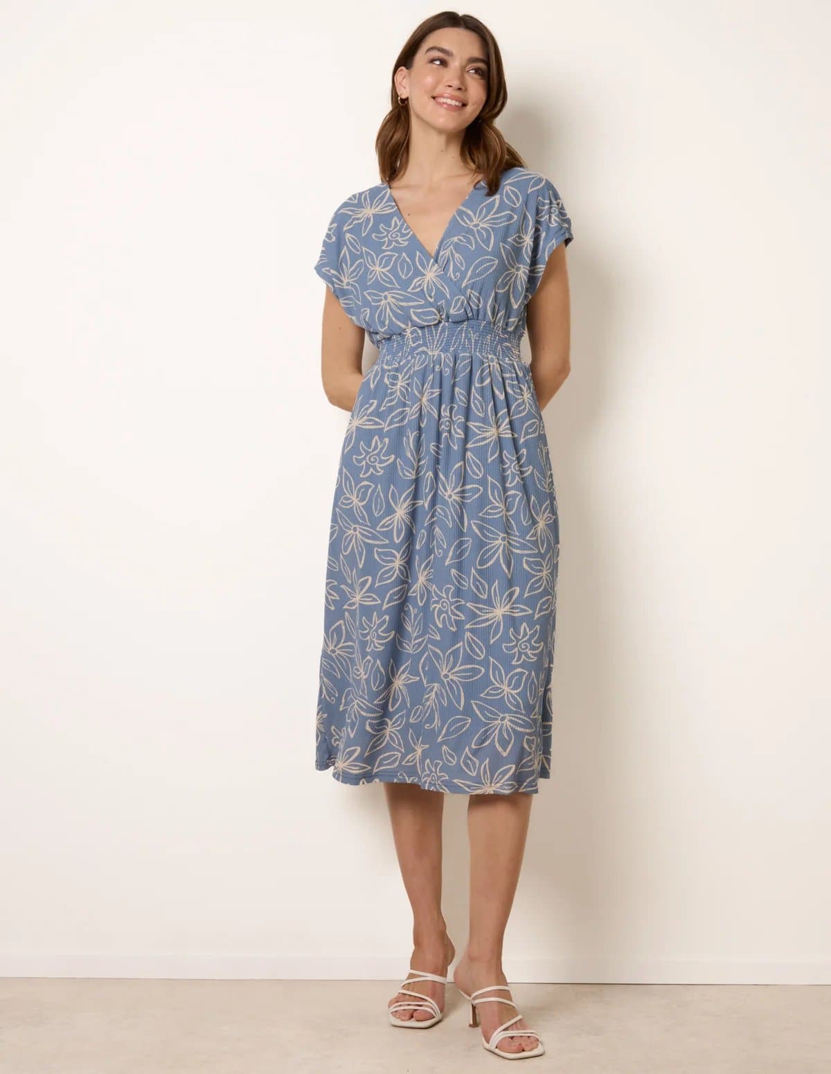 Blue Vanilla Floral Wrap Front Elasticated Waist Midi Dress