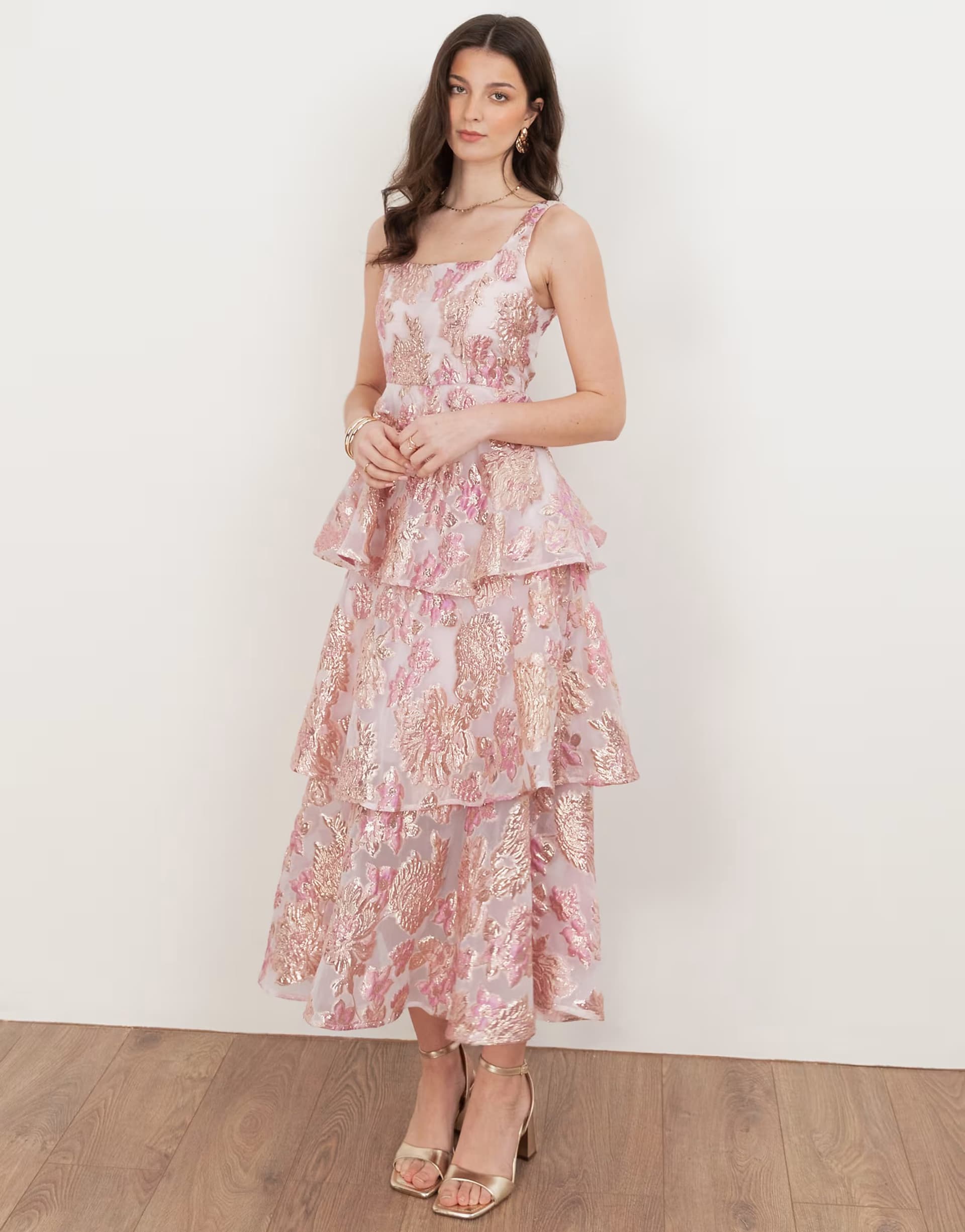 ASOS Maya Floral jacquard square neck tiered midi dress in lilac