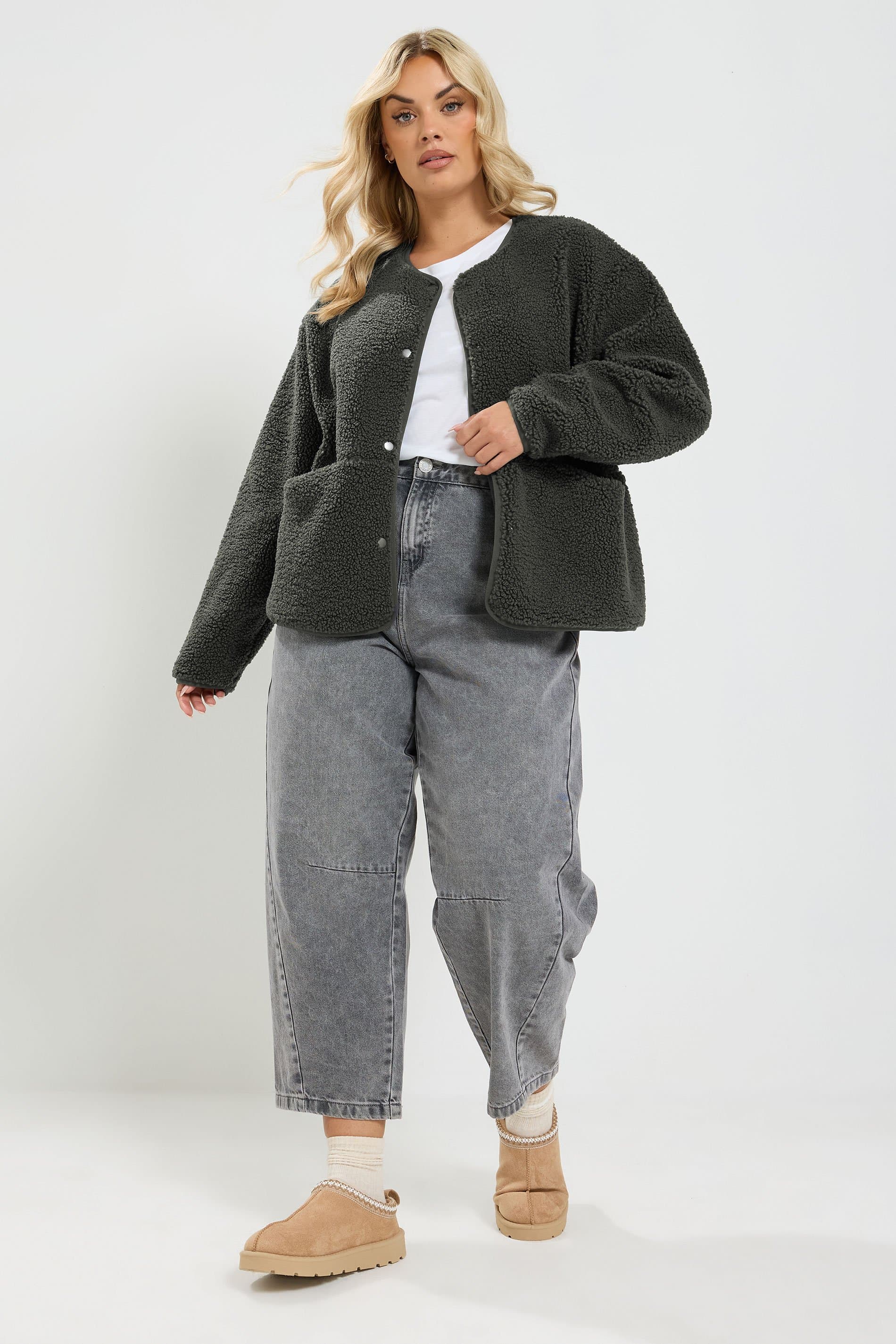 Yours Plus Size Grey Collarless Fleece Jacket