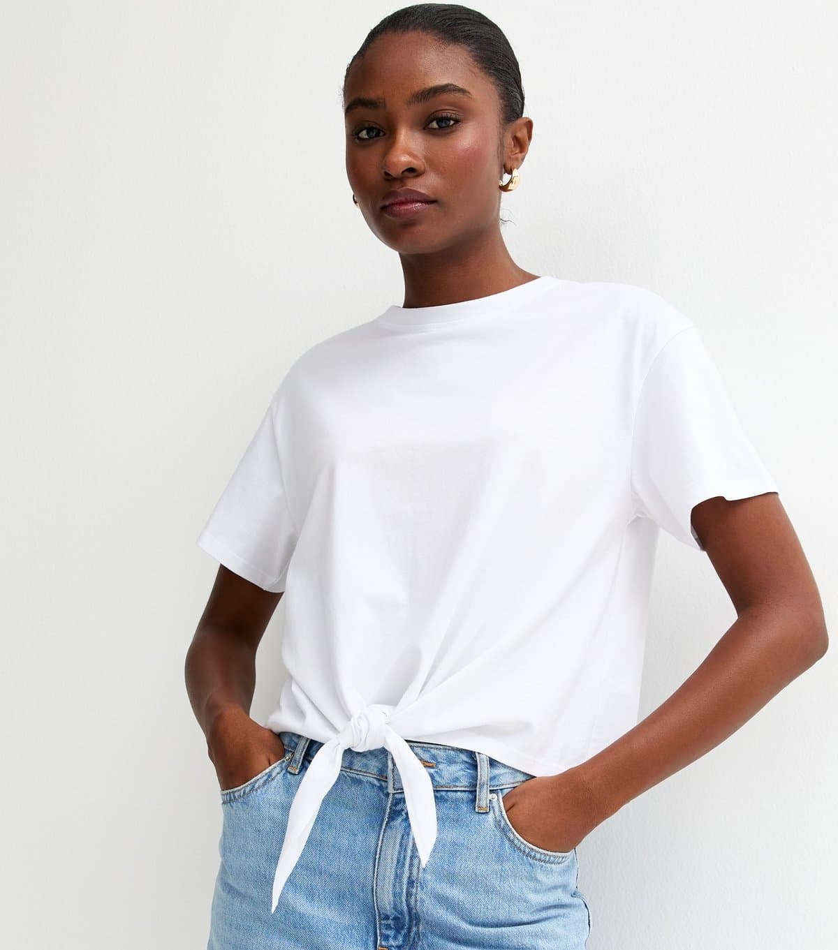 New Look Women's White Cotton Tie Front T-Shirt New Look