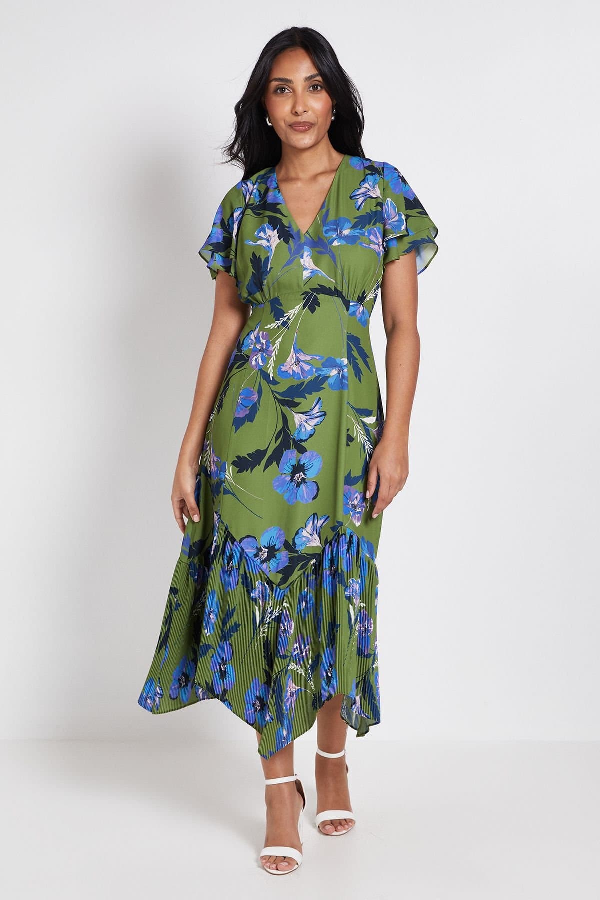 Wallis Wallis Women's Petite Floral Button Through Pleated Hem Midi Dress in Olive