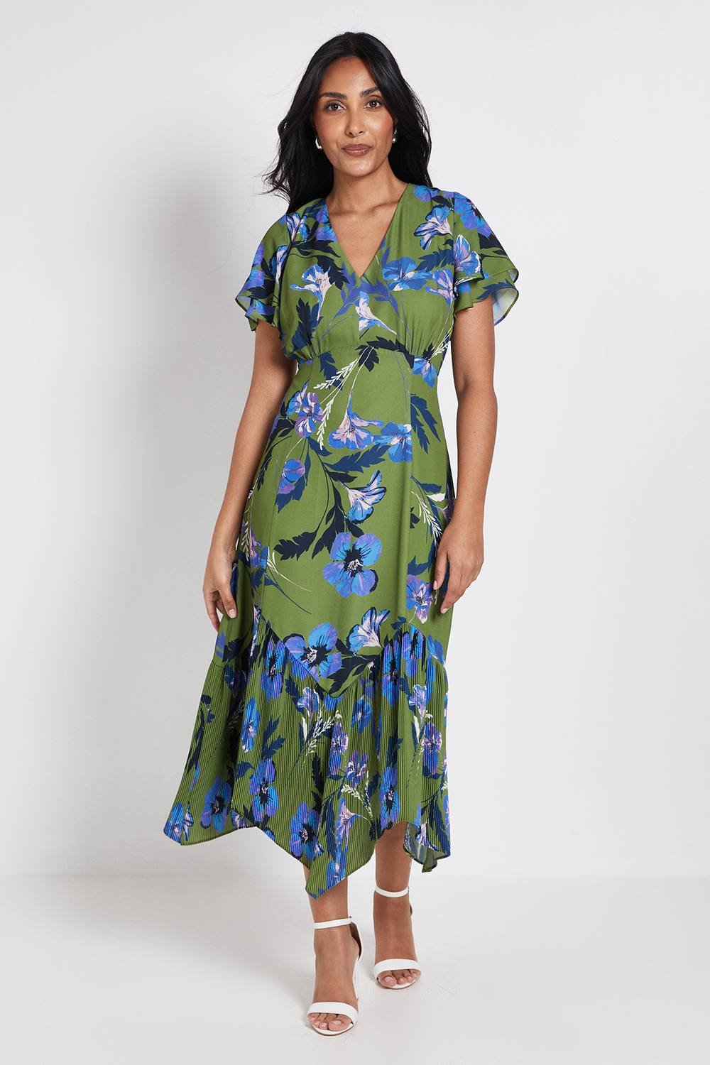 Wallis Wallis Women's Petite Floral Button Through Pleated Hem Midi Dress in Olive - 2