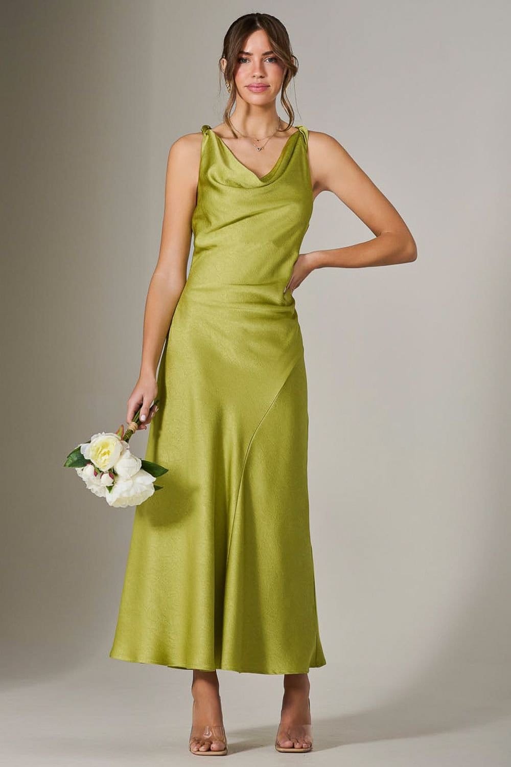 Jolie Moi Bright Green Satin Cowl Neck Midi Dress