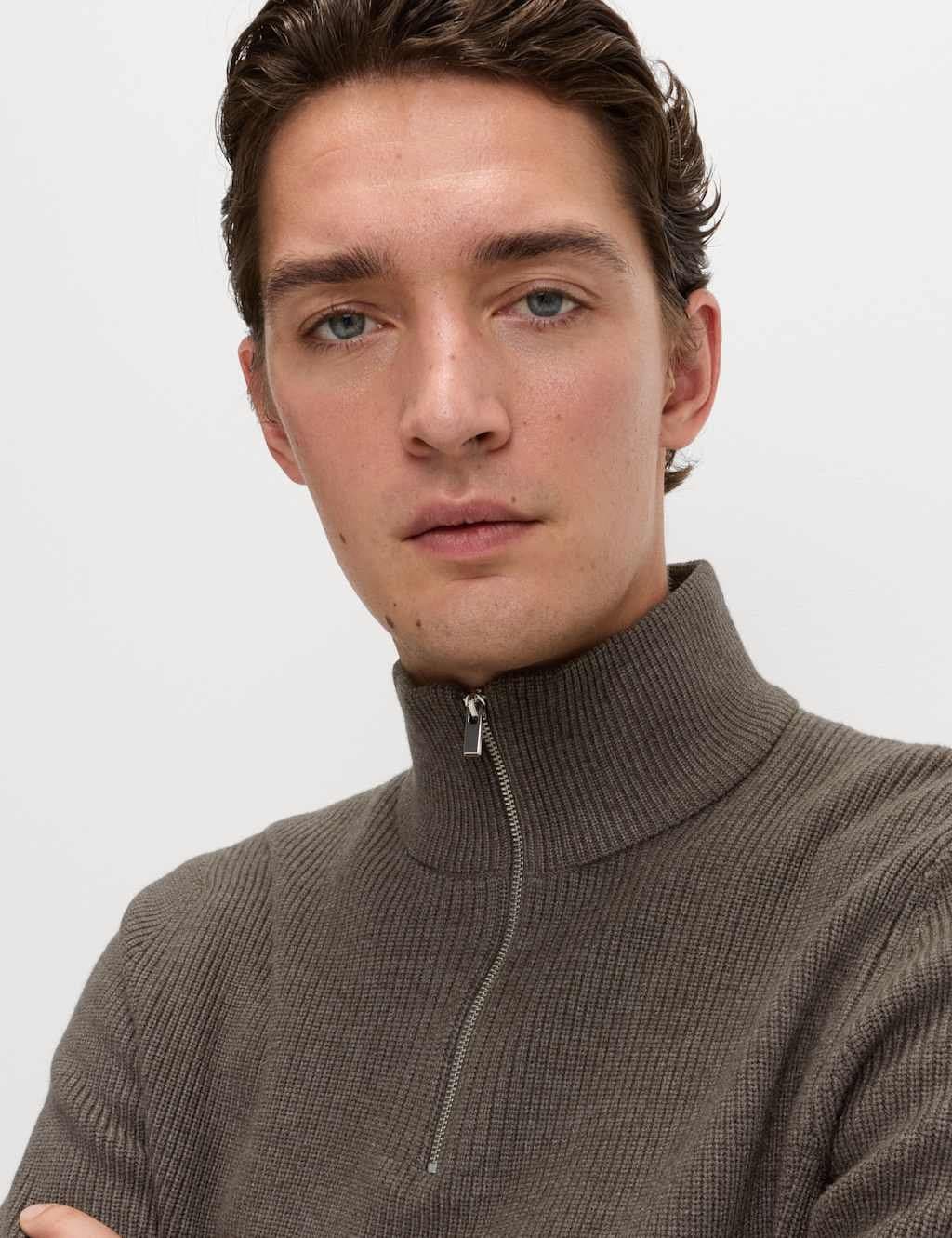 Marks & Spencer M&S Cotton Blend Ribbed Half Zip Jumper Medium Brown