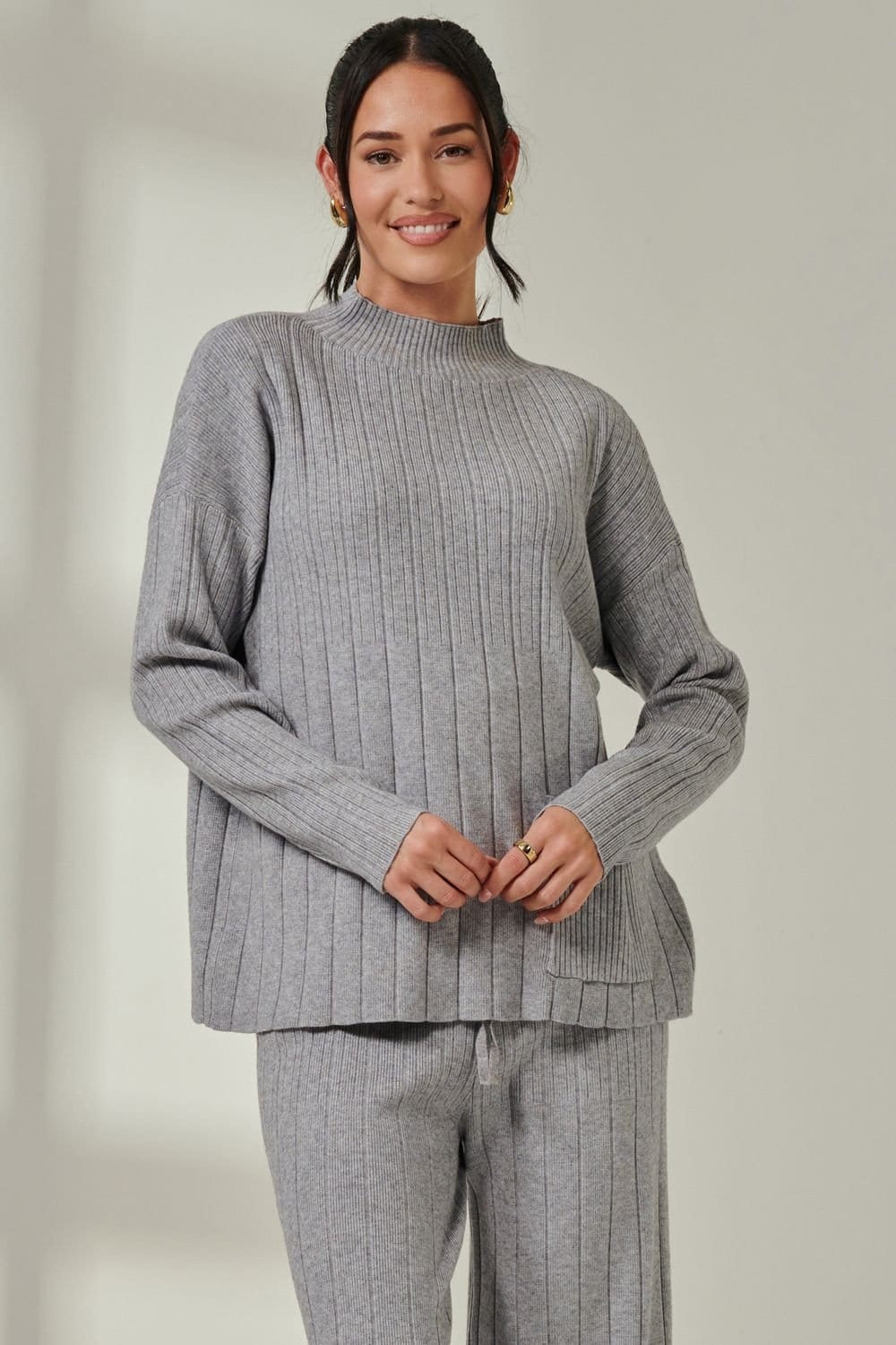 Jolie Moi Light Grey Mockneck Pocket Knit Jumper