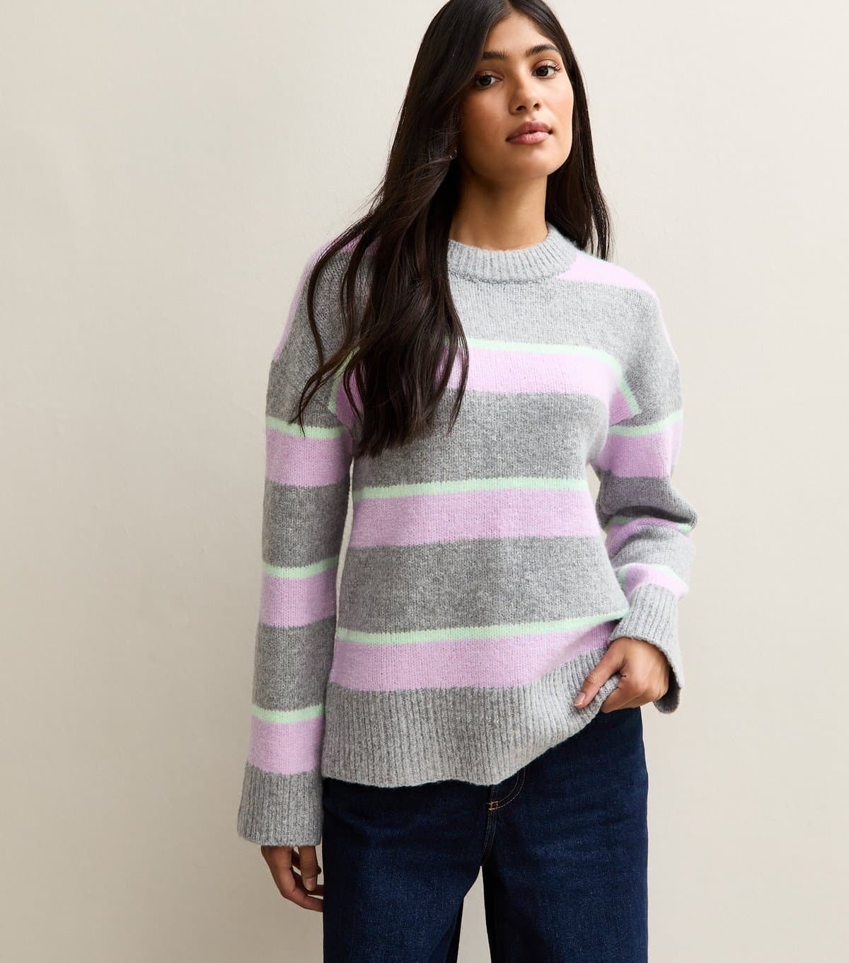 New Look Women's Grey Striped Crew Neck Jumper New Look