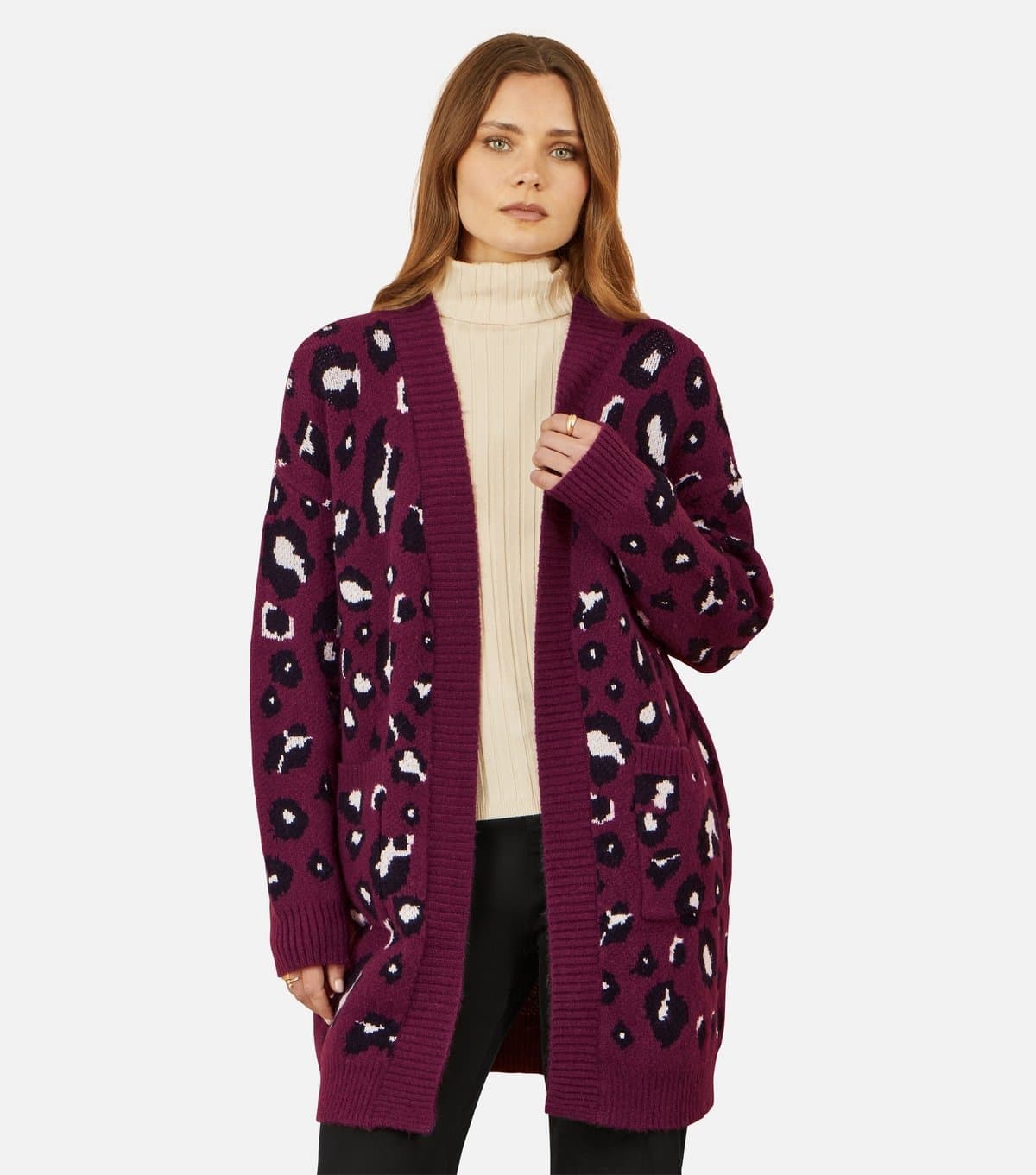 Yumi Women's Burgundy Leopard Print Knit Longline Cardigan Yumi New Look