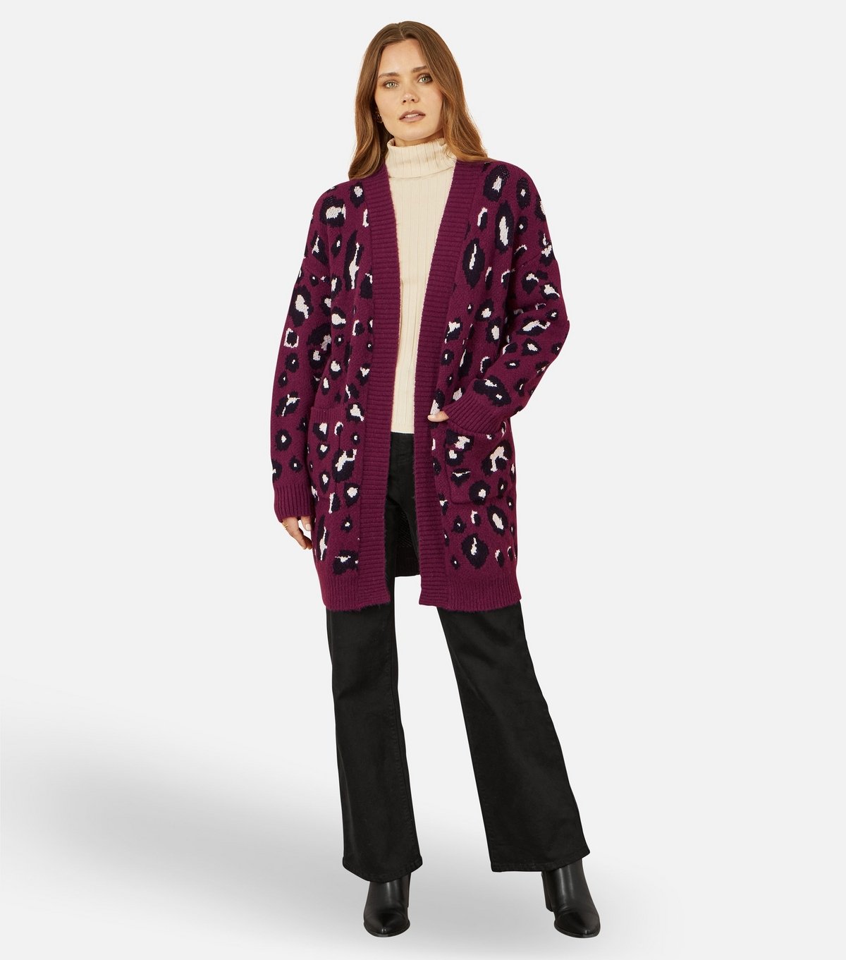 Yumi Women's Burgundy Leopard Print Knit Longline Cardigan Yumi New Look - 2