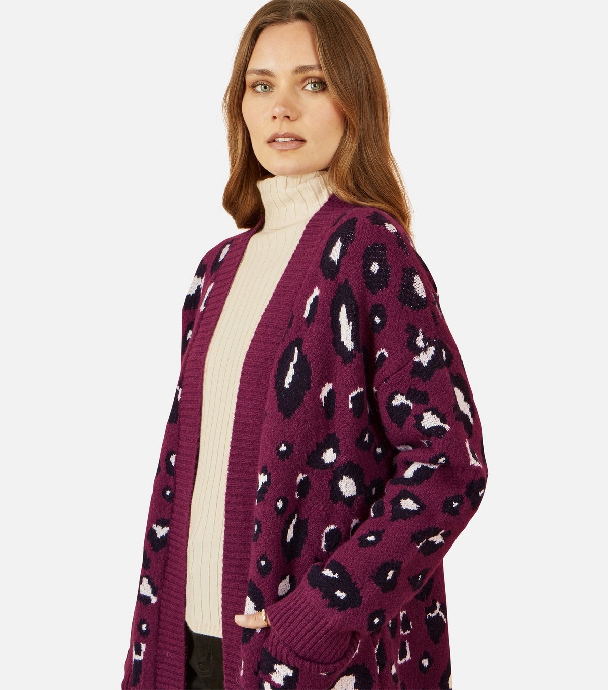 Yumi Women's Burgundy Leopard Print Knit Longline Cardigan Yumi New Look - 3