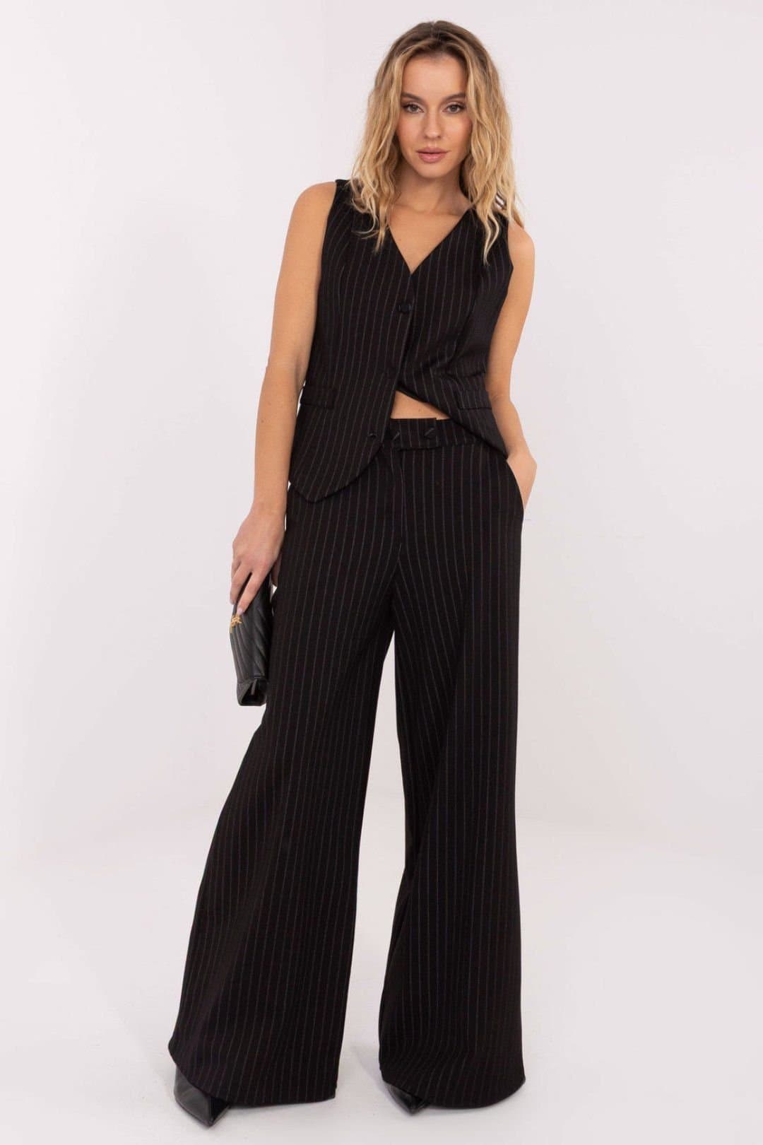 Love Lace Love Lace Women's Striped High Waist Wide Leg Palazzo Trousers in Black