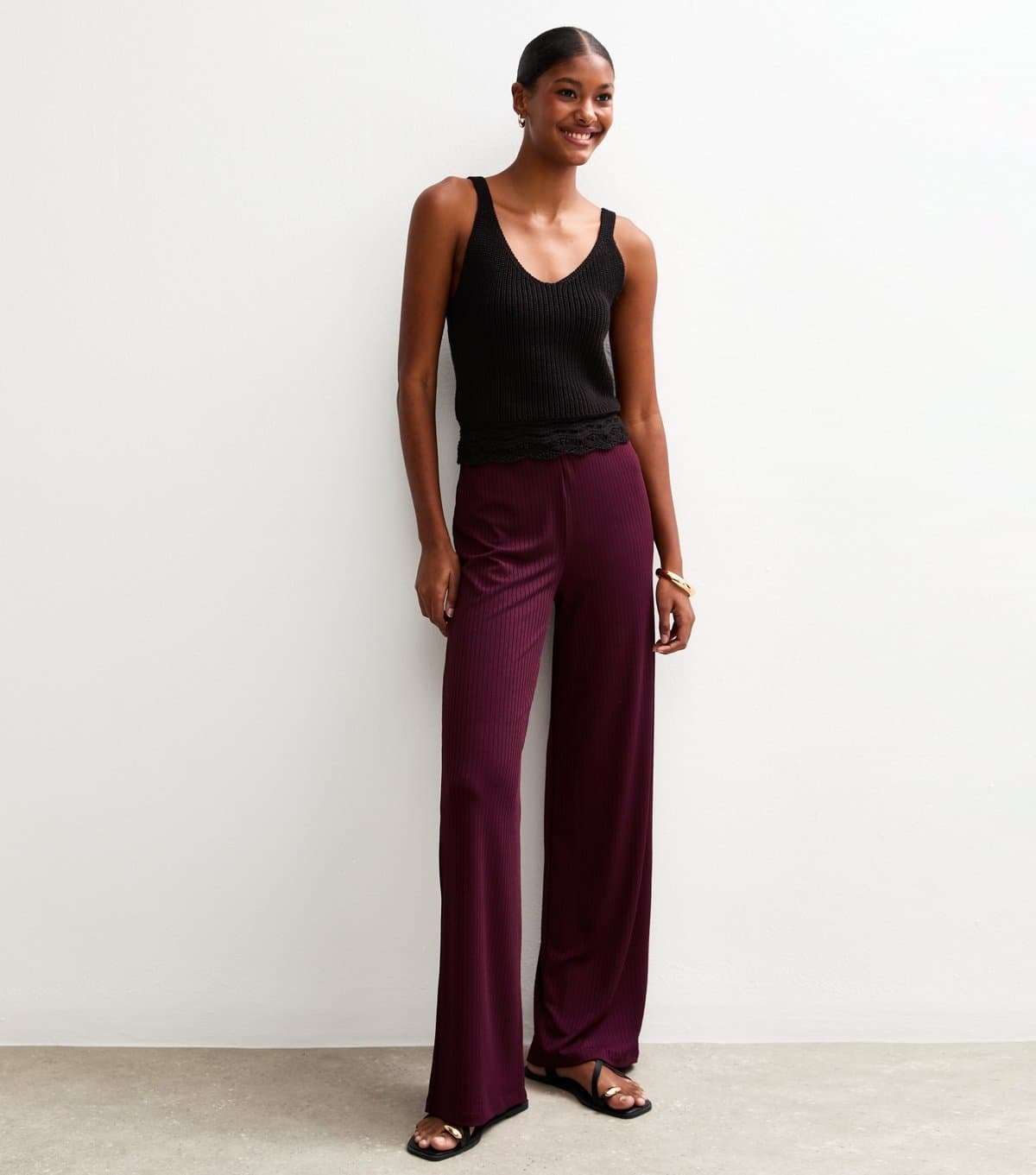 New Look Women's Dark Burgundy Ribbed Wide Leg Trousers New Look