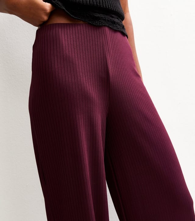 New Look Women's Dark Burgundy Ribbed Wide Leg Trousers New Look - 2