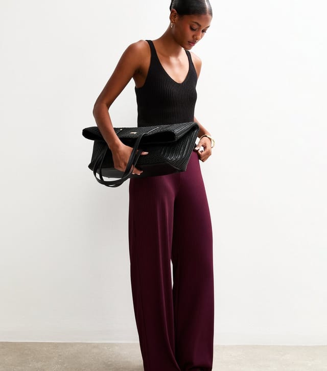 New Look Women's Dark Burgundy Ribbed Wide Leg Trousers New Look - 3
