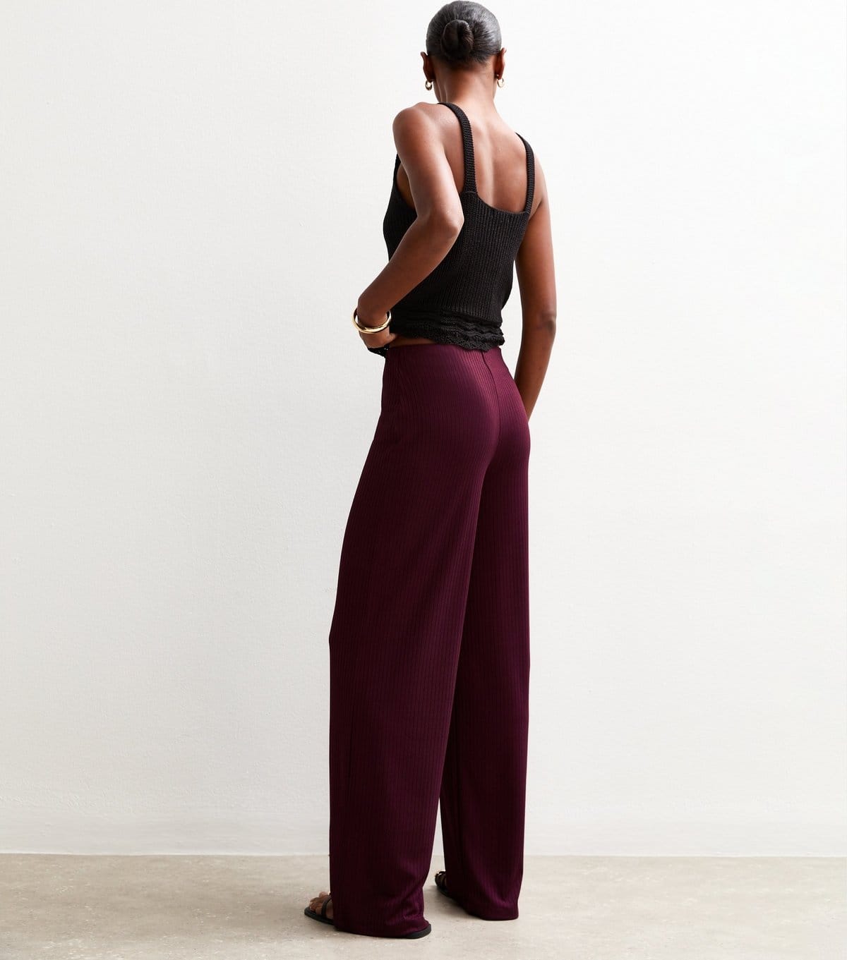 New Look Women's Dark Burgundy Ribbed Wide Leg Trousers New Look - 4