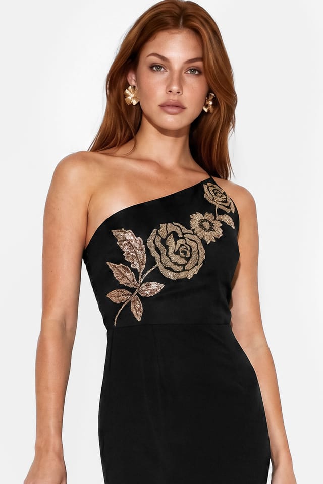 Maya Deluxe Maya Deluxe Women's Embellished Strappy One Shoulder Maxi Dress in Black - 3