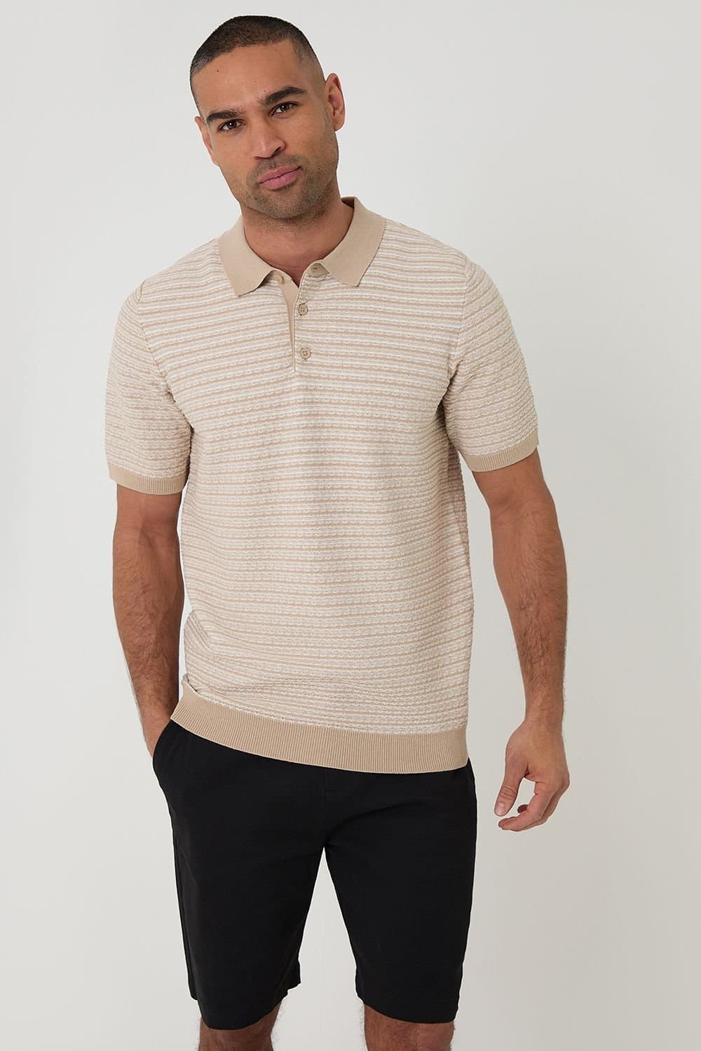 Threadbare Threadbare Men's Textured Stripe Short Sleeve Knitted Polo in Stone