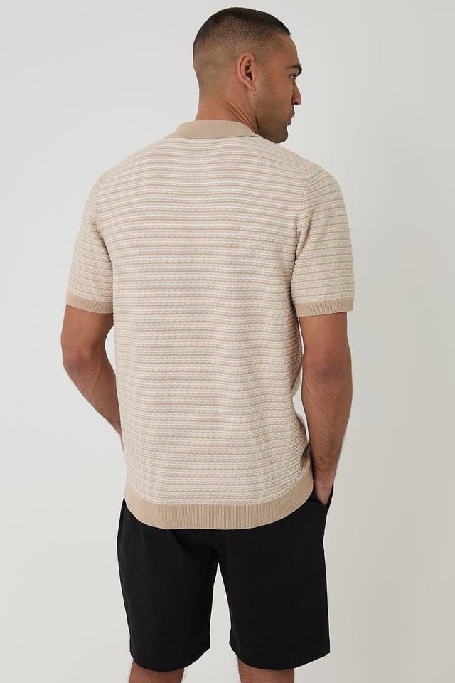 Threadbare Threadbare Men's Textured Stripe Short Sleeve Knitted Polo in Stone - 2
