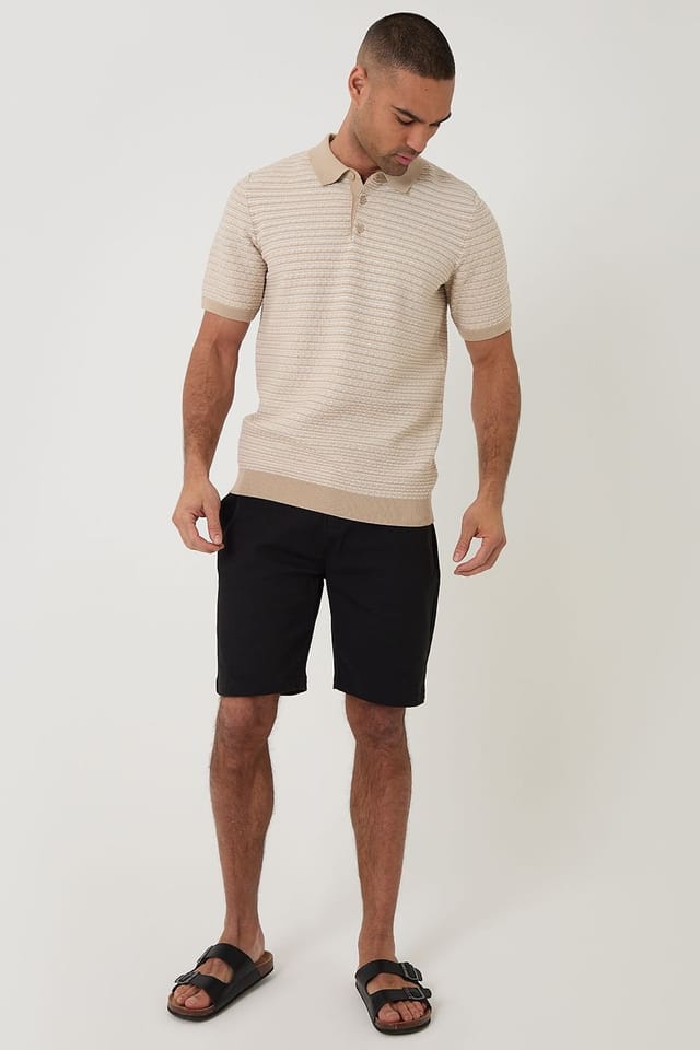 Threadbare Threadbare Men's Textured Stripe Short Sleeve Knitted Polo in Stone - 3
