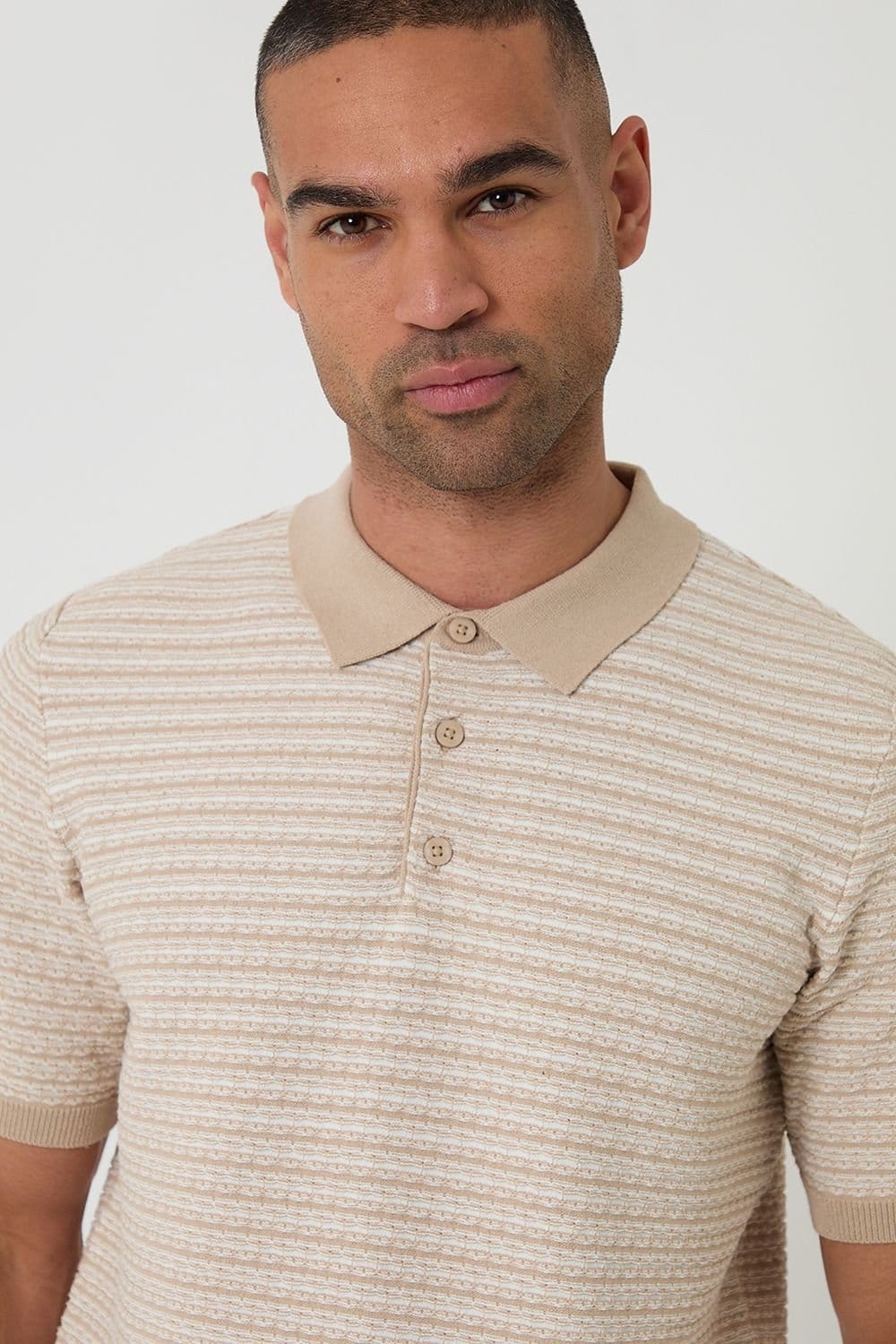 Threadbare Threadbare Men's Textured Stripe Short Sleeve Knitted Polo in Stone - 4