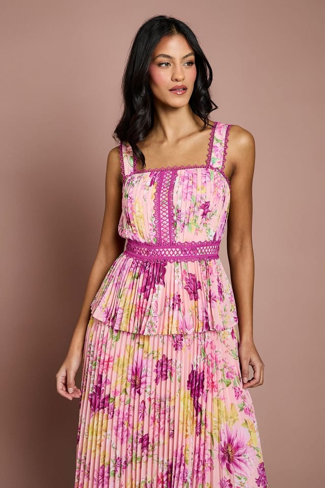 Coast Coast Women's Petite Printed Lace Trim Pleated Midi Dress in Pink - 2