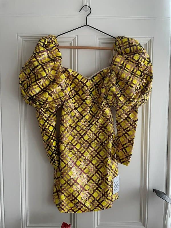ASOS ASOS Luxe - Yellow Checkered Sequin Embellished Puff Sleeve Mini Dress Size: UK 4 RRP: £135