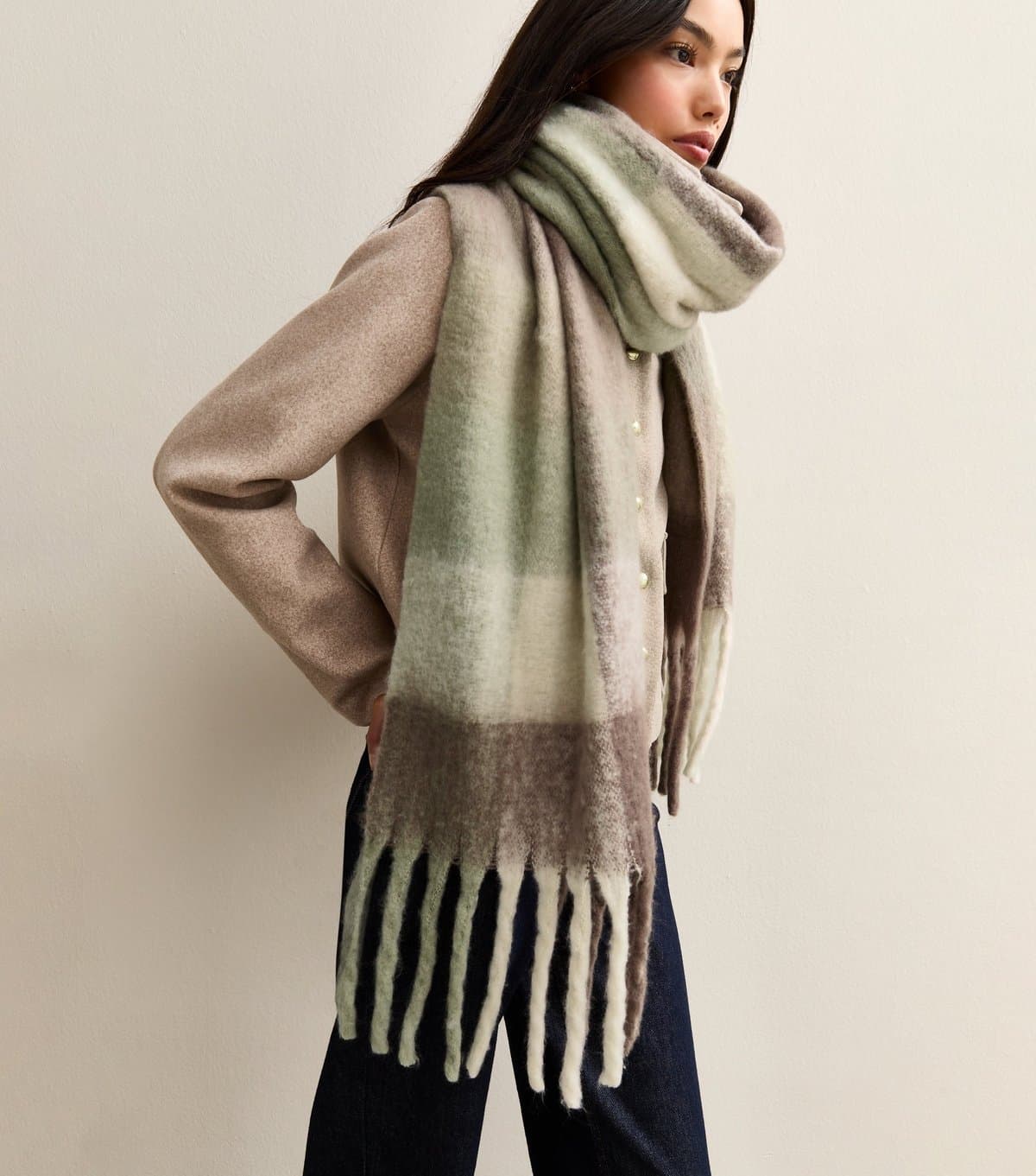 New Look Green Heavyweight Brushed Checked Scarf New Look