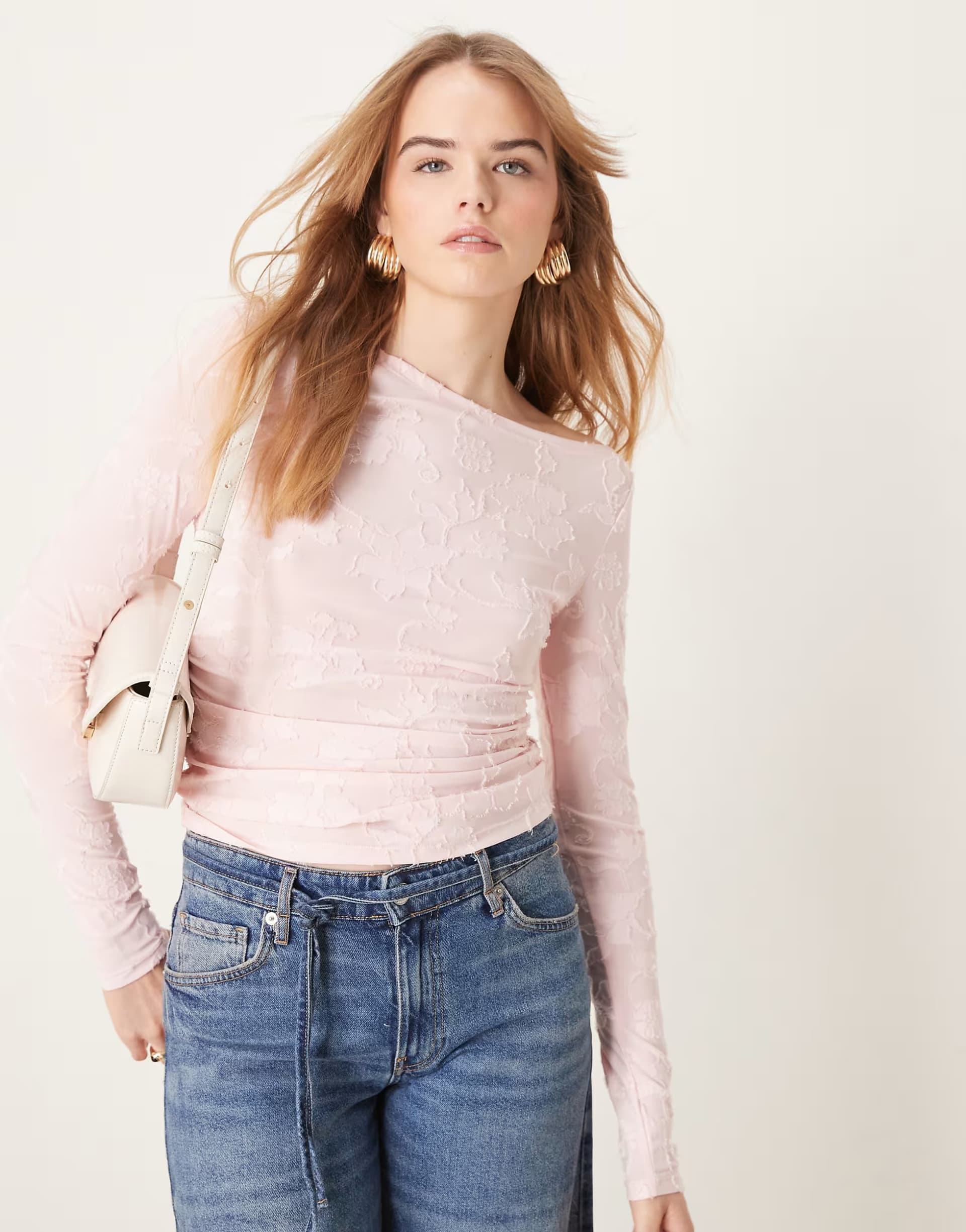 ASOS Gina Tricot jersey long sleeve jacquard top with asymmetric boat neck in pink