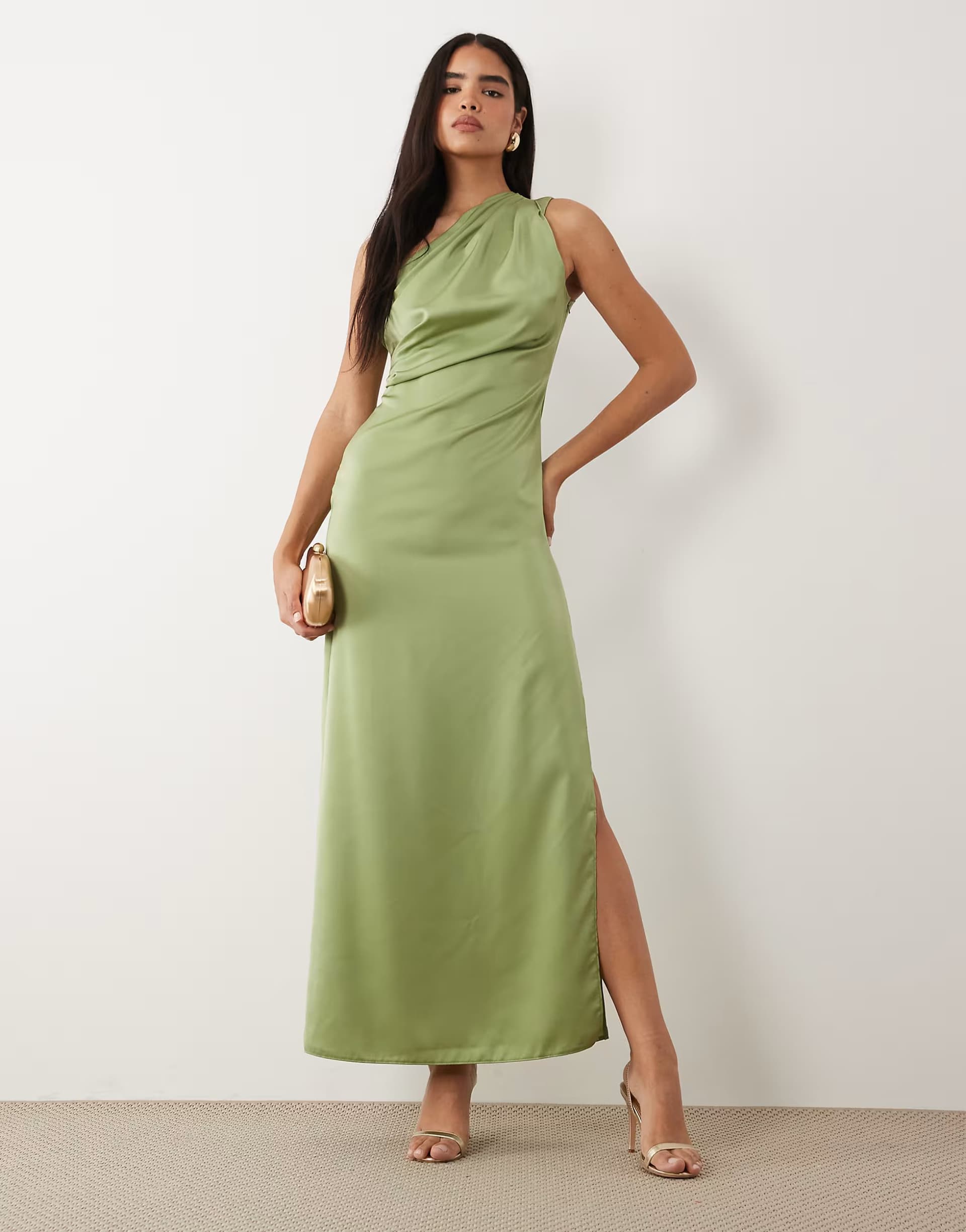 ASOS ASOS DESIGN one shoulder satin maxi dress with pleat detail in sage green