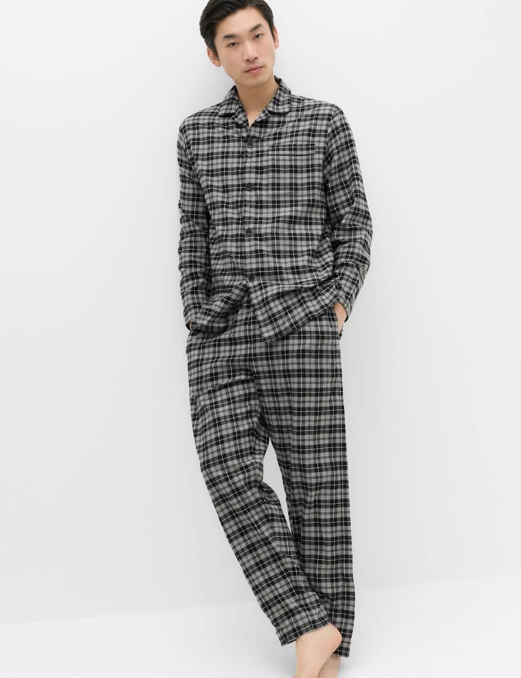 Marks & Spencer M&S Pure Cotton Brushed Check Pyjama Set Black Mix