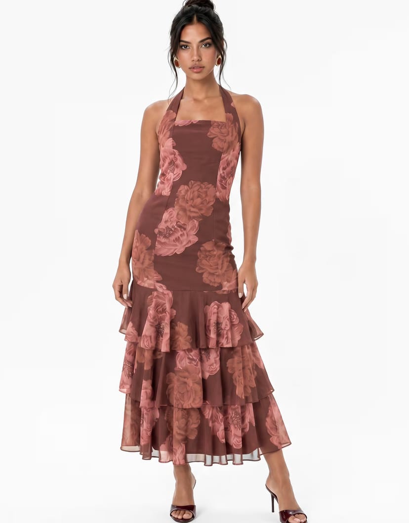 ASOS Anaya Floral print halter neck tiered midaxi dress in multi - 1